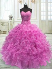 Lilac Lace Up Quinceanera Dresses Beading and Ruffles Sleeveless Floor Length
