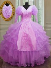Lilac Organza Zipper Sweet 16 Dress Long Sleeves Floor Length Ruffled Layers