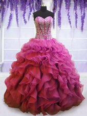Affordable Rose Pink Ball Gowns Beading and Ruffles Sweet 16 Quinceanera Dress Lace Up Organza Sleeveless Floor Length