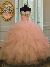 Beauteous Floor Length Lace Up Quinceanera Dresses Peach and In for Military Ball and Sweet 16 and Quinceanera with Beading and Ruffles