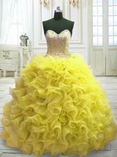 Yellow Sweetheart Neckline Beading and Ruffles Quinceanera Gowns Sleeveless Lace Up