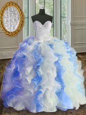 Super Sweetheart Sleeveless Lace Up 15th Birthday Dress White and Blue Organza