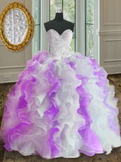 White And Purple Sleeveless Floor Length Beading and Ruffles Lace Up Sweet 16 Dress