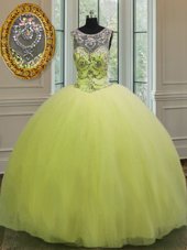 Cute Floor Length Ball Gowns Sleeveless Yellow Green Sweet 16 Dress Lace Up