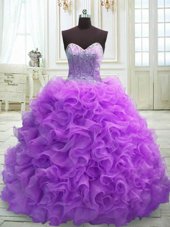 Dazzling Purple Sweetheart Lace Up Beading and Ruffles Quinceanera Gown Sweep Train Sleeveless