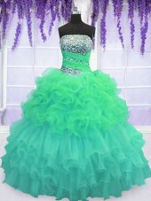 Sleeveless Floor Length Beading and Ruffled Layers and Pick Ups Lace Up Sweet 16 Dresses with Multi-color