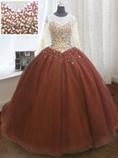 Discount Scoop Organza Long Sleeves 15 Quinceanera Dress Sweep Train and Beading and Sequins