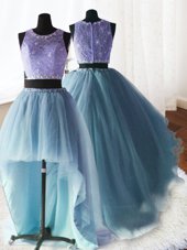 Free and Easy Three Piece Scoop Baby Blue Zipper Quinceanera Gowns Beading and Lace and Ruffles Sleeveless With Brush Train