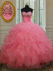 Charming Floor Length Rose Pink 15th Birthday Dress Organza Sleeveless Beading and Ruffles