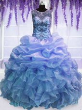 Fitting Scoop Blue Sleeveless Beading and Ruffles Floor Length 15th Birthday Dress