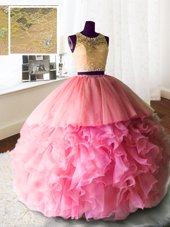Custom Fit Rose Pink Scoop Zipper Beading and Lace and Ruffles Sweet 16 Quinceanera Dress Brush Train Sleeveless
