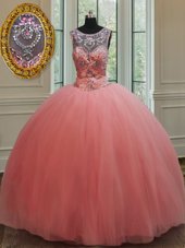 Scoop Sleeveless Lace Up Ball Gown Prom Dress Watermelon Red Tulle
