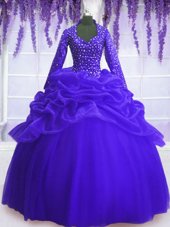 Nice Sequins Pick Ups Floor Length Royal Blue Vestidos de Quinceanera V-neck Long Sleeves Zipper