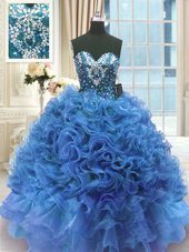 Blue Sleeveless Organza Lace Up Quinceanera Dresses for Military Ball and Sweet 16 and Quinceanera