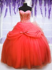 Stunning Sweetheart Sleeveless Vestidos de Quinceanera Floor Length Beading and Bowknot Coral Red Tulle