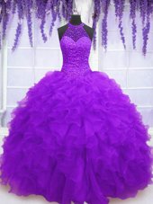 Latest Purple Ball Gowns High-neck Sleeveless Organza Floor Length Lace Up Beading and Ruffles Vestidos de Quinceanera