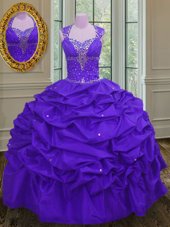Glittering Straps Straps Floor Length Eggplant Purple Quinceanera Dresses Taffeta Sleeveless Beading and Pick Ups