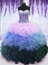 Super Multi-color Lace Up Sweet 16 Dress Beading and Ruffles and Ruffled Layers Sleeveless Floor Length