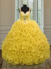 Floor Length Gold Quinceanera Dresses Organza Sleeveless Beading and Ruffles