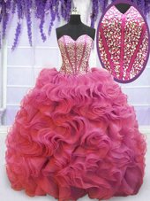 Deluxe Pink Organza Lace Up Sweet 16 Dress Sleeveless Sweep Train Beading and Ruffles