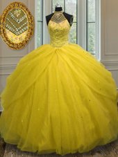 Dramatic Halter Top Tulle Sleeveless Floor Length Quince Ball Gowns and Beading and Sequins
