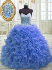 Organza Sweetheart Sleeveless Sweep Train Lace Up Beading and Ruffles Quinceanera Dresses in Blue