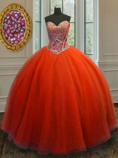 Vintage Floor Length Red Sweet 16 Dress Tulle Sleeveless Beading