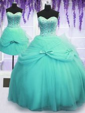 Sweet Three Piece Floor Length Lace Up Sweet 16 Quinceanera Dress Aqua Blue and In for Military Ball and Sweet 16 and Quinceanera with Beading and Bowknot