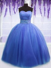 Blue Sleeveless Beading and Belt Floor Length Sweet 16 Dresses