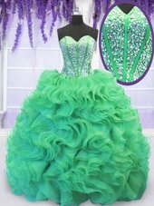 Brush Train Ball Gowns Ball Gown Prom Dress Turquoise Sweetheart Organza Sleeveless With Train Lace Up