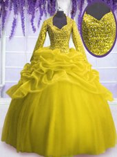 Organza Long Sleeves Floor Length Sweet 16 Dresses and Sequins and Pick Ups