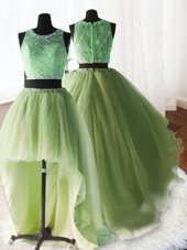 Beauteous Three Piece Scoop Yellow Green Sleeveless With Train Beading and Lace and Ruffles Zipper Quince Ball Gowns
