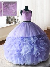Unique Scoop With Train Lavender Quinceanera Gowns Organza and Tulle and Lace Brush Train Sleeveless Beading and Lace and Ruffles