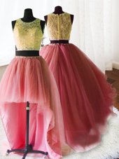 Three Piece Watermelon Red Ball Gowns Organza and Tulle and Lace Scoop Sleeveless Beading and Lace and Ruffles With Train Zipper Sweet 16 Quinceanera Dress Brush Train