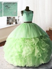 Scoop Organza and Tulle and Lace Sleeveless With Train Ball Gown Prom Dress Brush Train and Beading and Lace and Ruffles