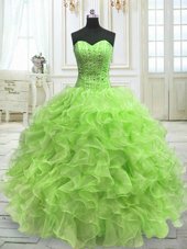Deluxe Yellow Green Ball Gowns Organza Sweetheart Sleeveless Beading and Ruffles Floor Length Lace Up Vestidos de Quinceanera