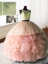 Latest Baby Pink Scoop Zipper Beading and Lace and Ruffles Vestidos de Quinceanera Brush Train Sleeveless