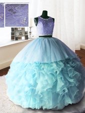 Scoop Sleeveless Brush Train Beading and Lace and Ruffles Zipper Quinceanera Dress