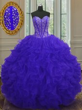 Blue Zipper 15th Birthday Dress Beading and Ruffles Sleeveless Floor Length