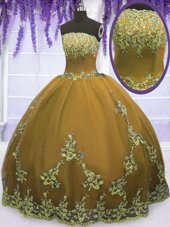 Lovely Strapless Sleeveless 15th Birthday Dress Floor Length Appliques Brown Tulle