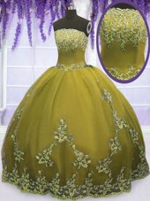 Most Popular Olive Green Strapless Neckline Appliques Sweet 16 Dresses Sleeveless Zipper