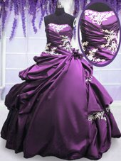 Ideal Floor Length Lace Up 15th Birthday Dress Purple and In for Military Ball and Sweet 16 and Quinceanera with Appliques and Pick Ups