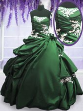 Dark Green Ball Gowns Taffeta Strapless Sleeveless Appliques and Pick Ups Floor Length Lace Up Ball Gown Prom Dress