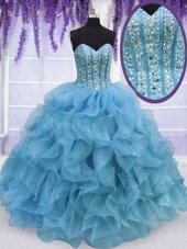 Aqua Blue Ball Gowns Beading and Ruffles Quince Ball Gowns Lace Up Organza Sleeveless Floor Length