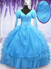 Fantastic Long Sleeves Floor Length Lace Up Quinceanera Gown Baby Blue and In for Military Ball and Sweet 16 and Quinceanera with Beading and Embroidery and Hand Made Flower