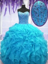 Baby Blue Lace Up Sweetheart Beading and Ruffles Quinceanera Dress Organza Sleeveless
