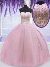 Free and Easy Beading Sweet 16 Dresses Baby Pink Lace Up Sleeveless Floor Length