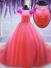 Custom Made Scoop Short Sleeves Tulle 15 Quinceanera Dress Hand Made Flower Court Train Lace Up