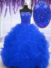 Sumptuous Royal Blue Strapless Neckline Beading and Ruffles Vestidos de Quinceanera Sleeveless Lace Up