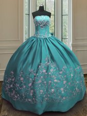 Floor Length Teal Sweet 16 Quinceanera Dress Satin Sleeveless Embroidery